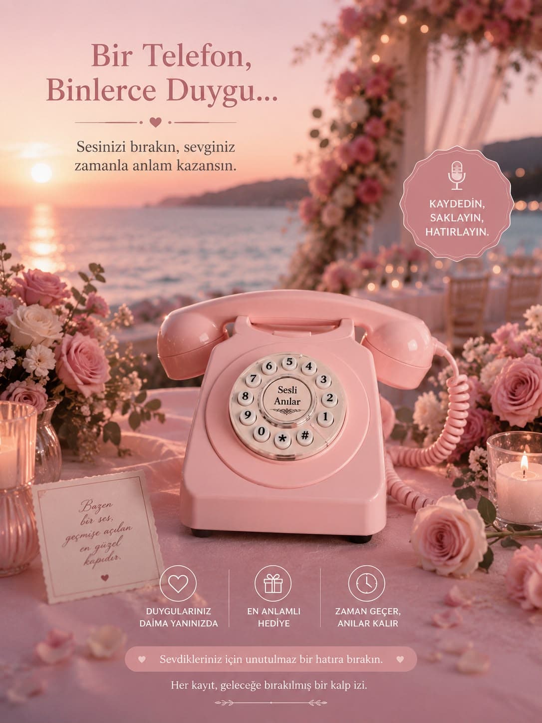 Pudra pembe retro Sesli Anılar telefonu — sahil düğünü kompozisyonu