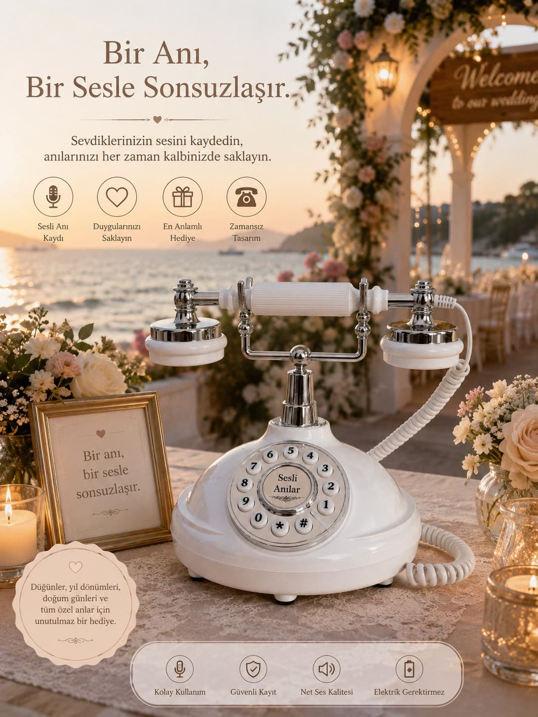 Beyaz vintage antika Sesli Anılar telefonu — gün batımı düğün kompozisyonu